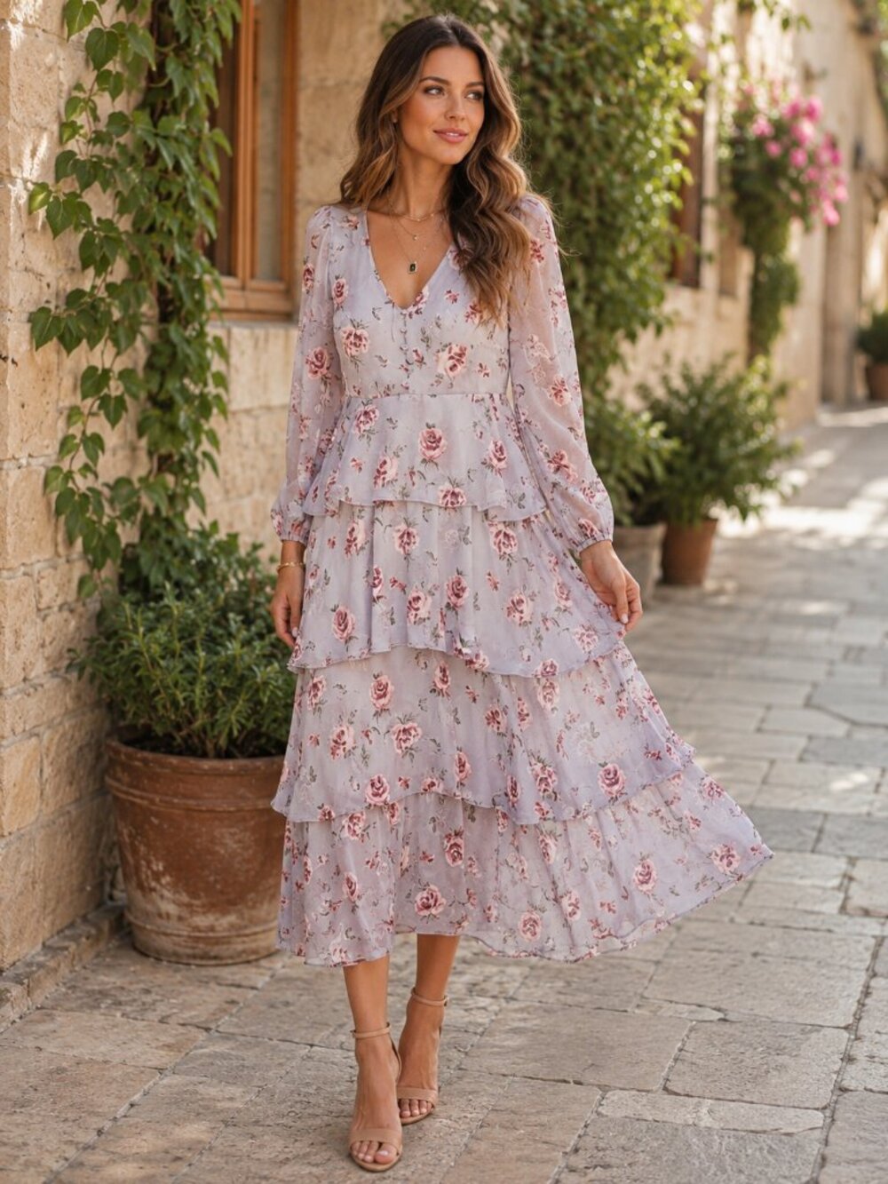 En Saison Oroma Gray Floral Tiered Bohemian Maxi Dress Small NWT